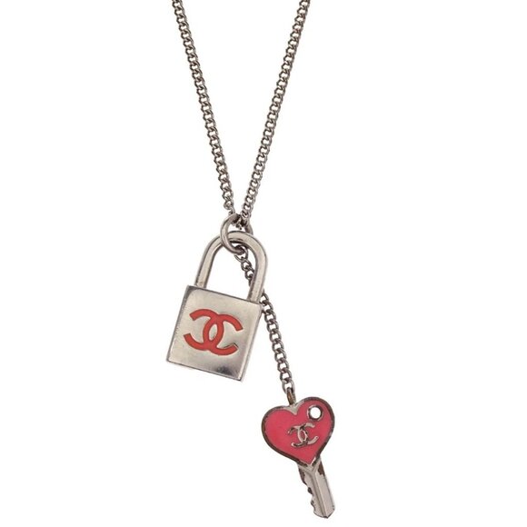 Chanel Padlock Key Pendant Necklace Silver Pink - Picture 1 of 4
